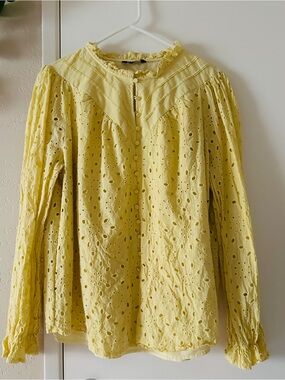 Pretty Garden Yellow Eyelet Ruffle-Collar Button-Front Blouse Size XXL